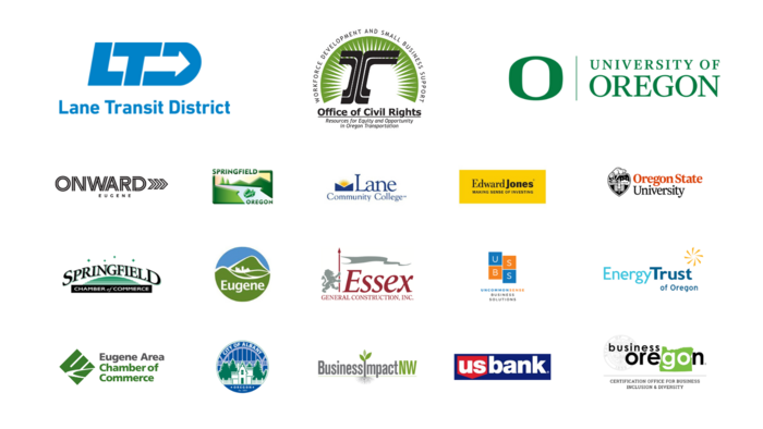 Logos for City of Albany, City of Eugene, City of Springfield, COBID, Eugene Area Chamber of Commerce, Edward Jones, Energy Trust, Essex Construction, Impact NW, Lane Community College, Lane Transit District, Oregon Department of Transportation Office of Civil Rights, Onward Eugene, Oregon State University, Springfield Chamber of Commerce, US Bank, and USBS