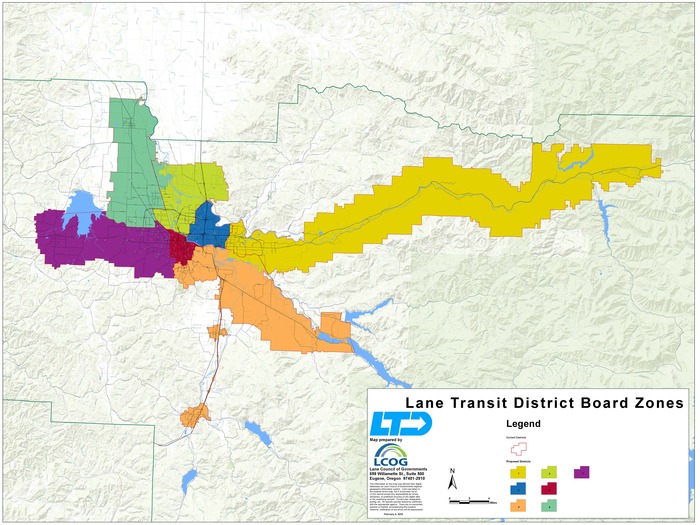The topographical map shows proposed changes to Lane Transit District's subdistricts. The seven subdistricts are filled in a different color, with red lines noting proposed changes to subdistrict boundaries.