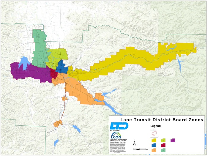 The topographical map shows proposed changes to Lane Transit District's subdistricts. The seven subdistricts are filled in a different color, with red lines noting proposed changes to subdistrict boundaries. The topographical map shows proposed changes to Lane Transit District's subdistricts. The seven subdistricts are filled in a different color, with red lines noting proposed changes to subdistrict boundaries.