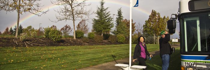 rainbow over bus stop