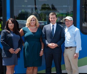 U.S. Secretary of Transportation Pete Buttigieg and Oregon Congressman Peter DeFazio (D-Springfield) stopped at Lane Transit District’s (LTD) Glenwood Offices in Springfield, Oregon on Wednesday (July 14, 2021) to talk about transportation safety, clima