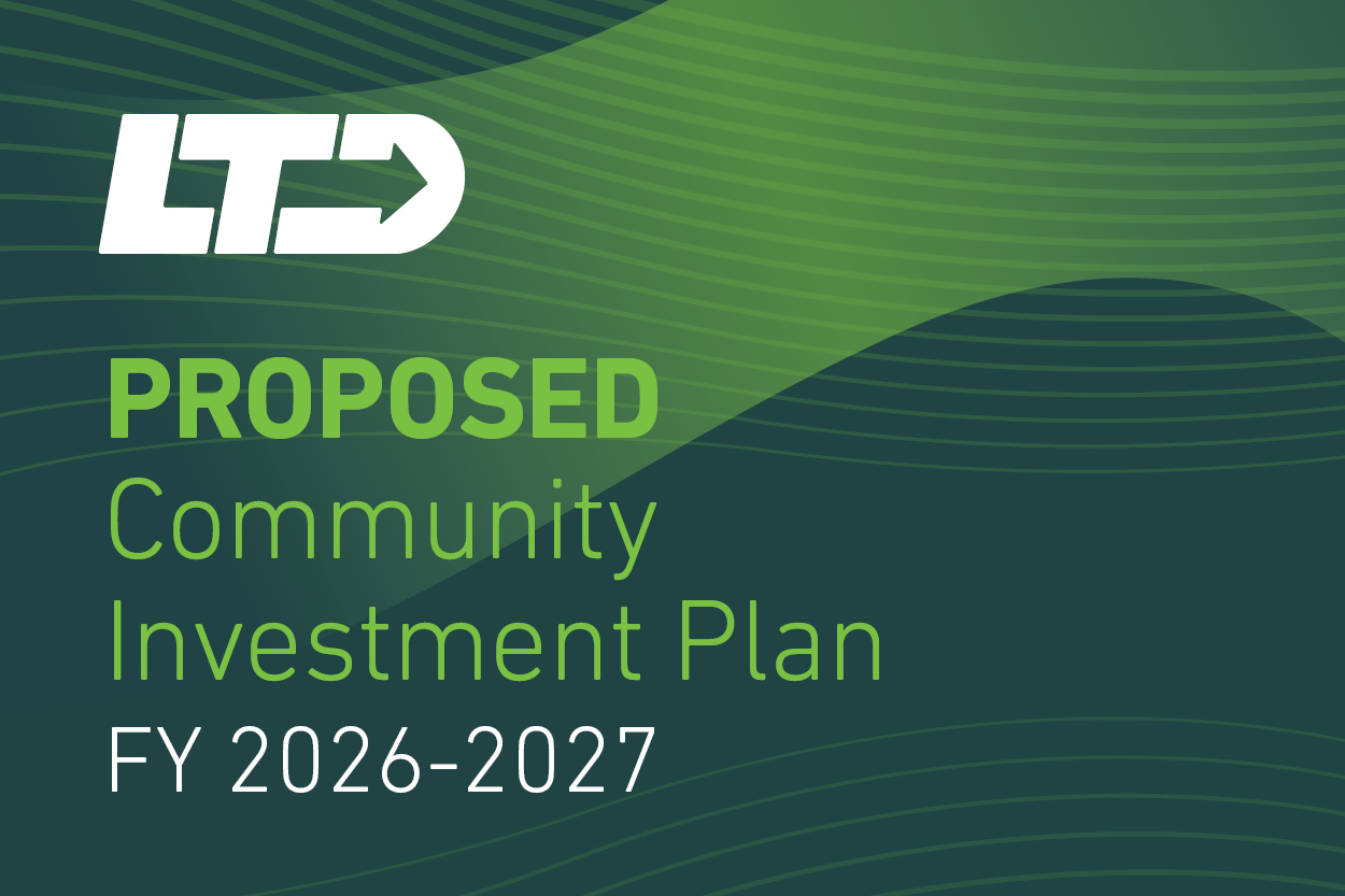 Cover of the LTD Proposed Community Investment Plan for fiscal year 2026-2027, with green and dark blue wave patterns in the background.