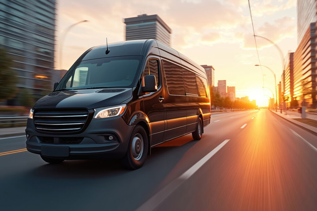 A black van drives down a city street at sunset, with modern buildings and a clear sky in the background.