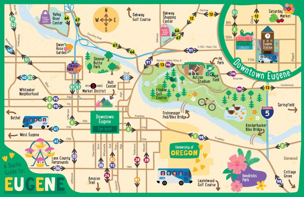 Illustrated map of Eugene, Oregon, highlighting neighborhoods, parks, University of Oregon, local attractions, and major roads with numbered icons and playful graphics.