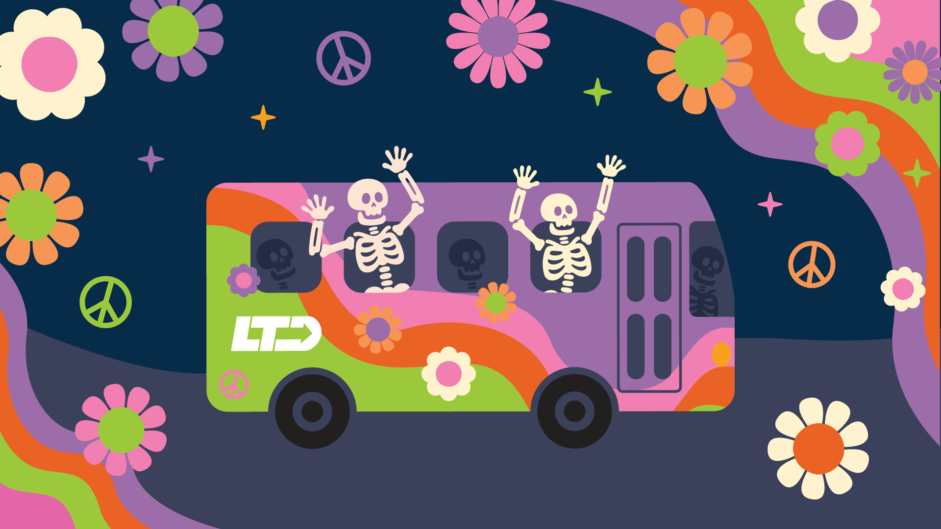 A colorful, psychedelic-style bus with three waving skeletons inside, surrounded by flowers and peace signs on a dark background.