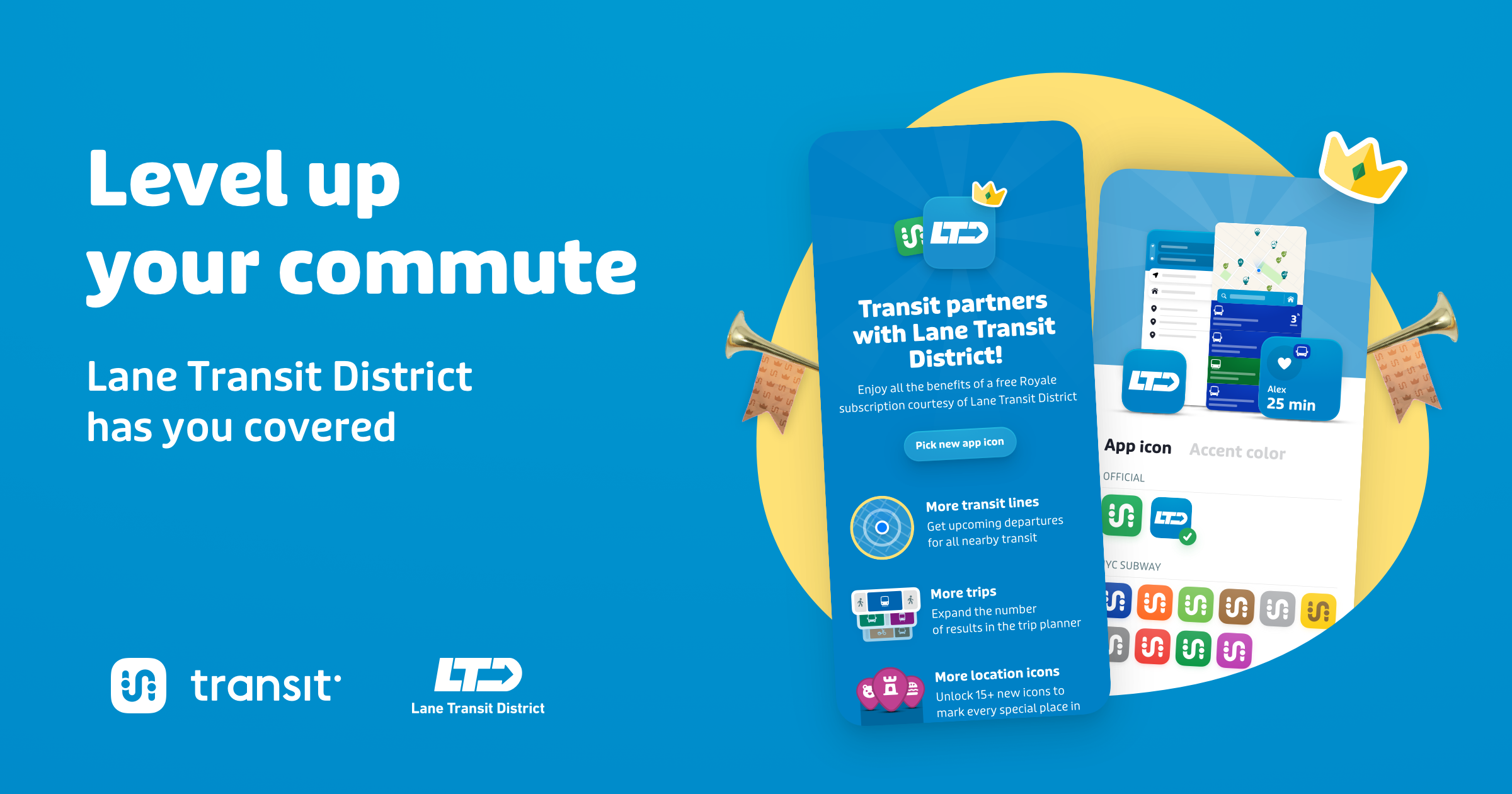 Promotional graphic for Lane Transit District and Transit app, highlighting app features like more transit lines, more trips, and more location icons on a blue background.
