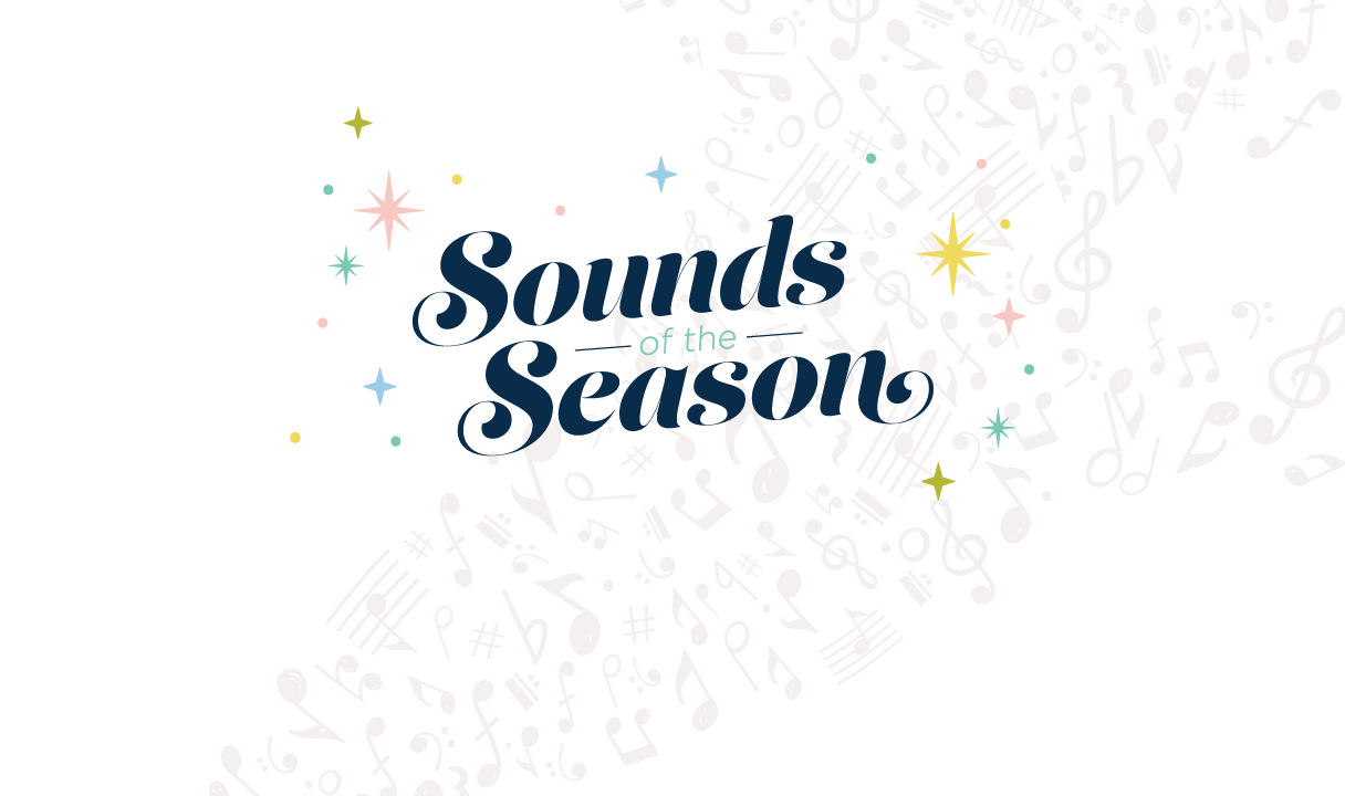 Sounds of the Season" text in decorative font with colorful stars and music notes on a white background.