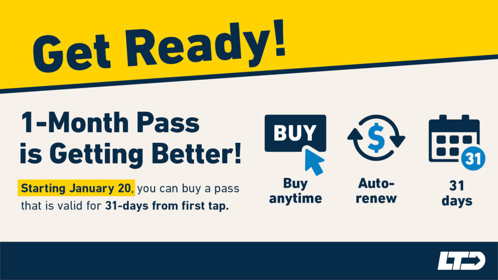 A promotional banner announces that starting January 20, 1-month transit passes will be valid for 31 days from the first tap, with buy anytime and auto-renew options.