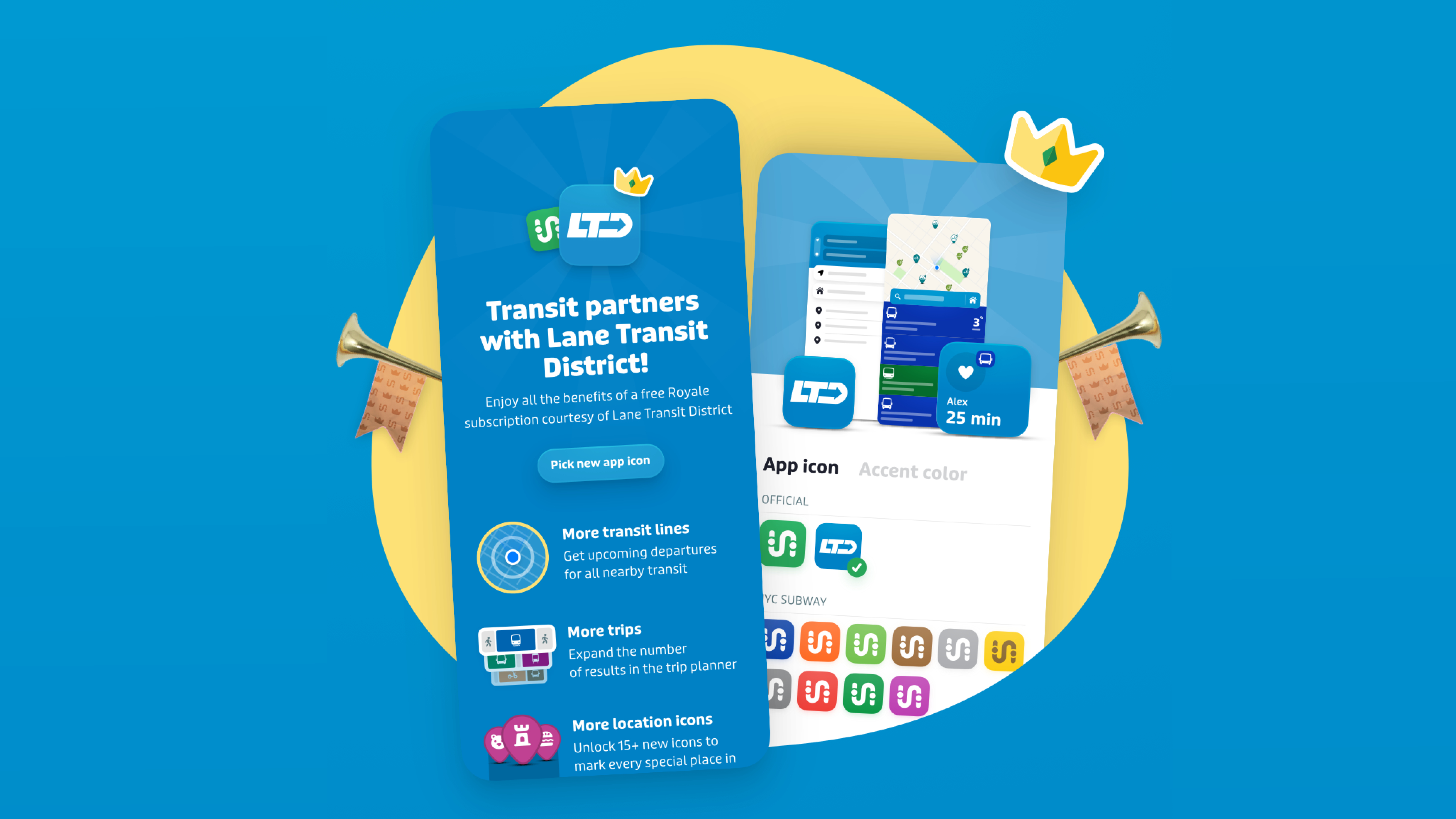 Promotional graphic showing a mobile app interface for LTD transit, highlighting features like upcoming departures, more trips, and location unlocks, with colorful icons and design elements.