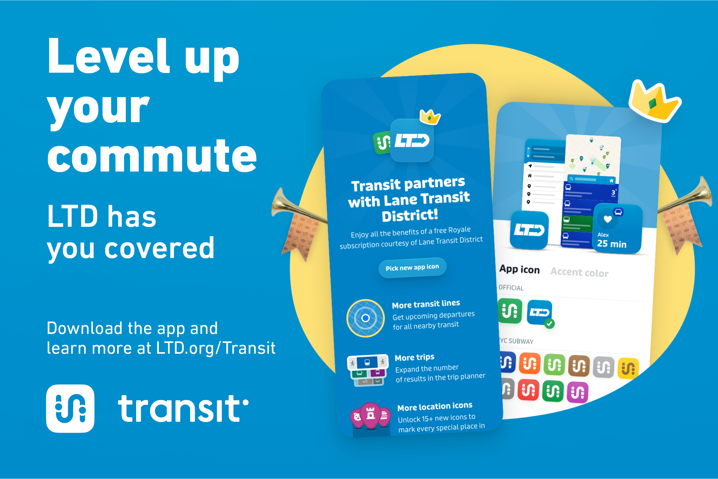 Promotional graphic for the LTD and Transit app partnership, highlighting benefits like more routes and new icons, with a prompt to download the app or visit LTD.org/Transit.