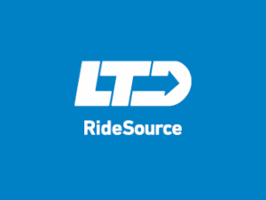 White LTD logo with an arrow design above the words "RideSource" on a solid blue background.