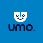 A stylized white smiling face above the word "umo" in dark blue lettering on a solid blue background.