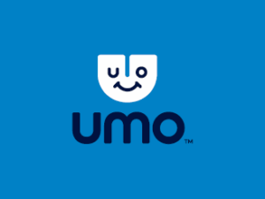 A stylized white smiling face above the word "umo" in dark blue lettering on a solid blue background.