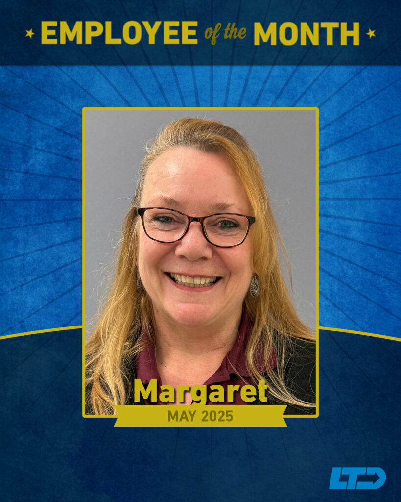 Portrait of a woman with glasses and long blonde hair smiling, labeled as "Employee of the Month" for May 2025, with the name Margaret and an LTD logo at the bottom.