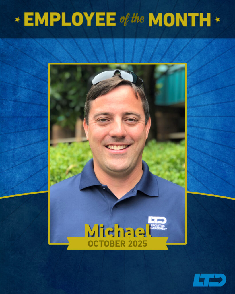 A man in an LTD polo shirt is featured as Employee of the Month for October 2025, with a blue and yellow graphic background.
