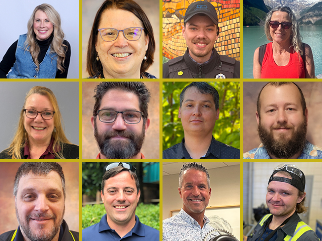 A grid of twelve people, each in their own square, posing and smiling for individual headshots in various locations.