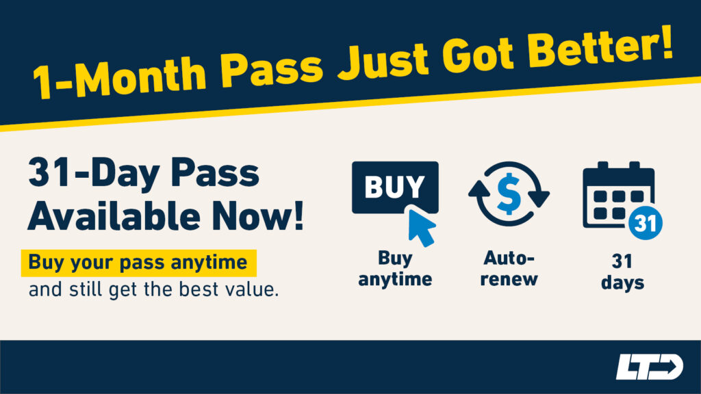 Promotional image for a 31-day transit pass, highlighting buying anytime, auto-renewal, and 31-day validity. Text includes “1-Month Pass Just Got Better!” and LTD logo.