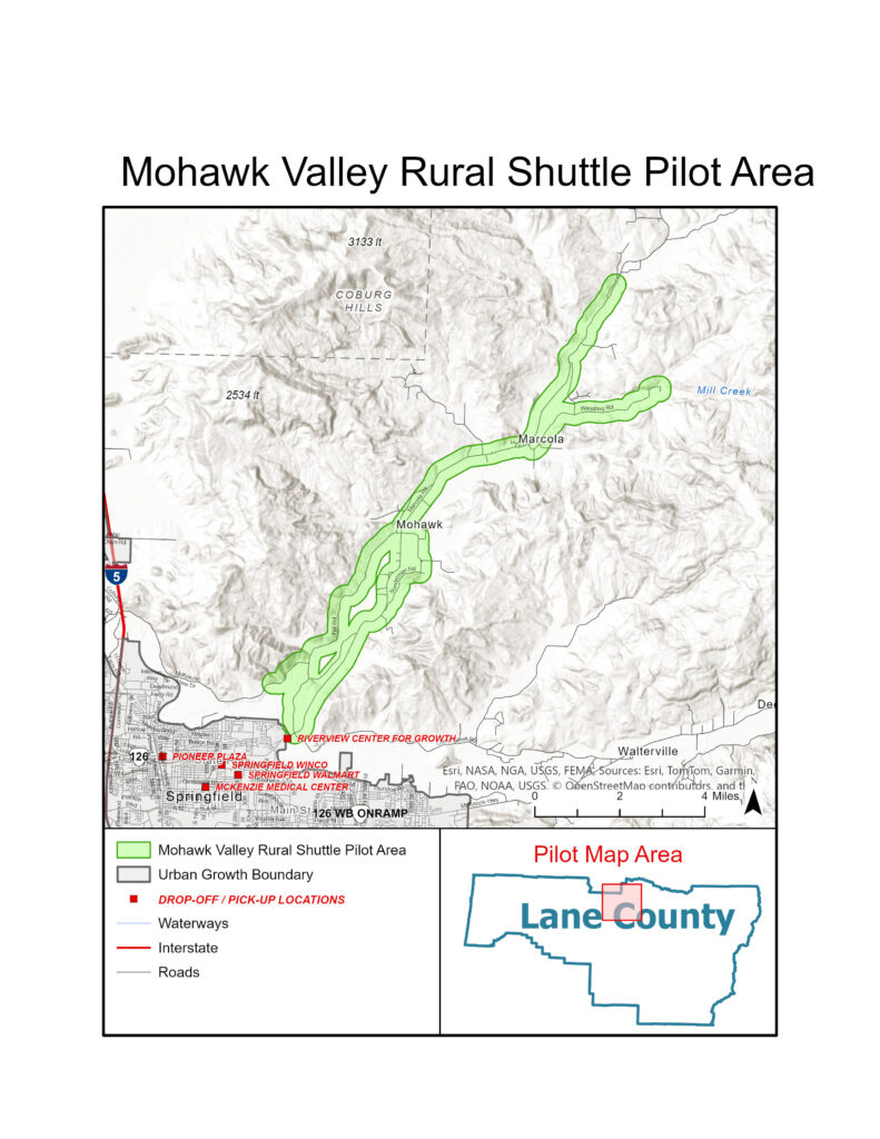 Map showing the Mohawk Valley Rural Shuttle Pilot Area in Lane County, Oregon, with highlighted routes, drop-off locations, and urban growth boundary. Inset shows pilot area within the county.