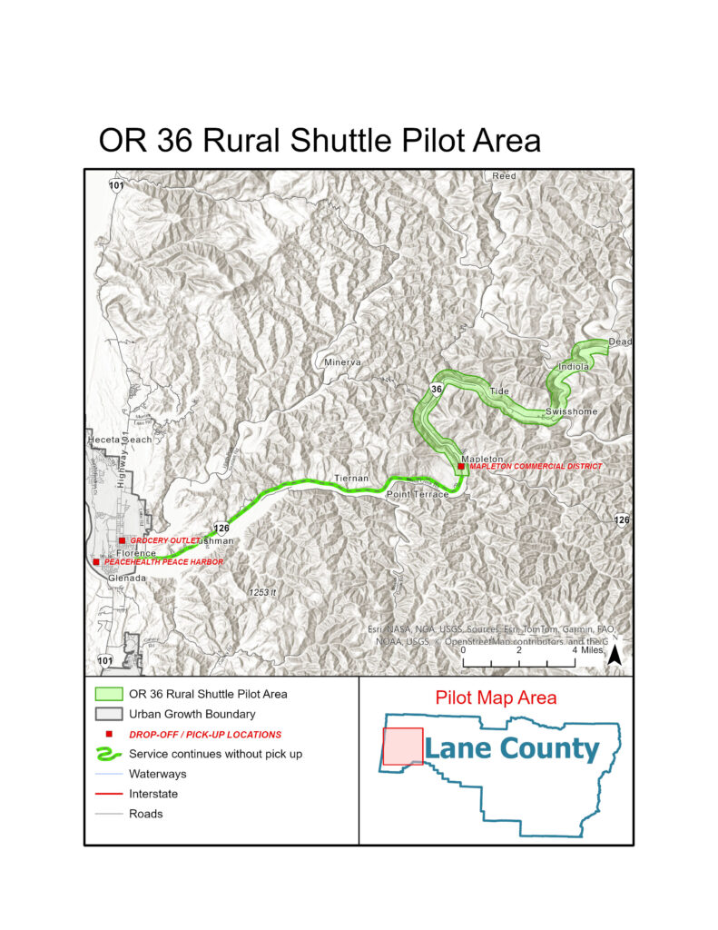 Map showing the OR 36 Rural Shuttle Pilot Area route in Lane County, Oregon, with stops marked along Highway 36 and a highlighted urban growth boundary. Inset shows the location in the county.
