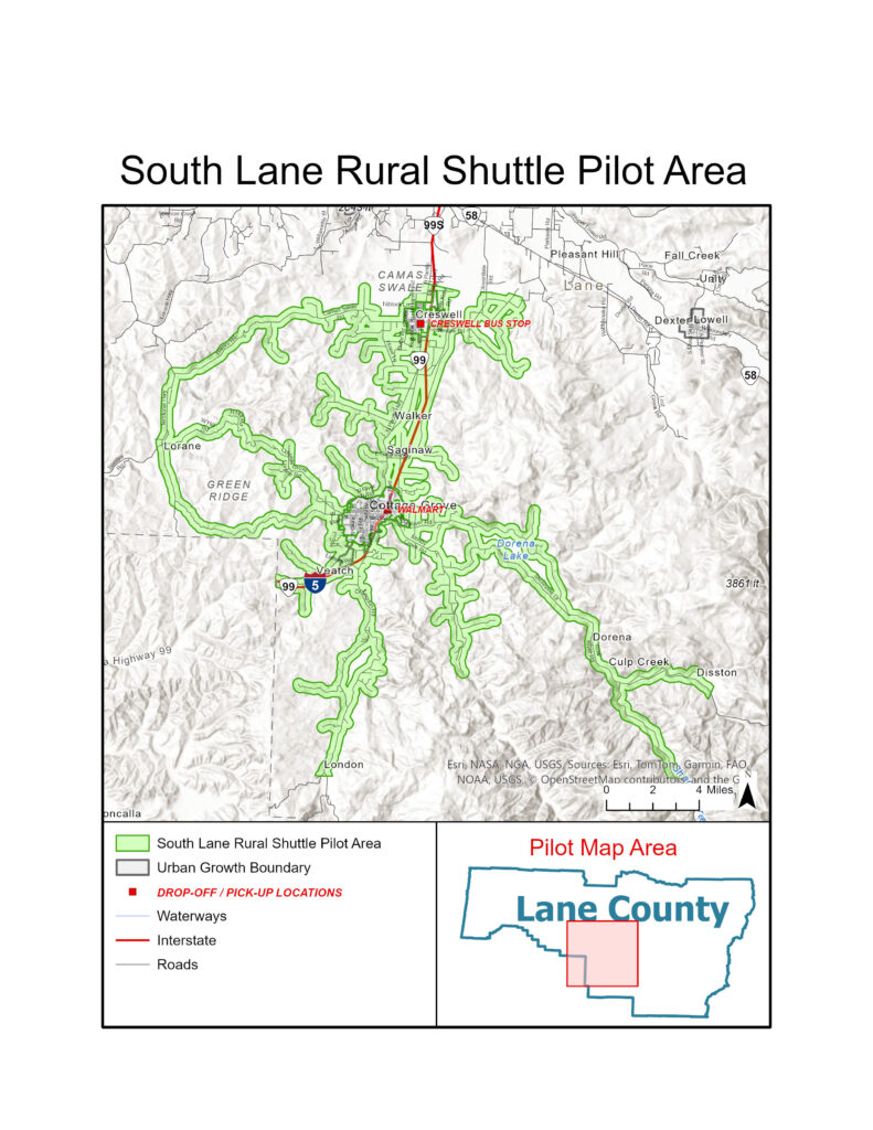 Map showing the South Lane Rural Shuttle Pilot Area in Lane County, Oregon, with highlighted shuttle service area, urban growth boundary, pick-up locations, roads, and waterways.