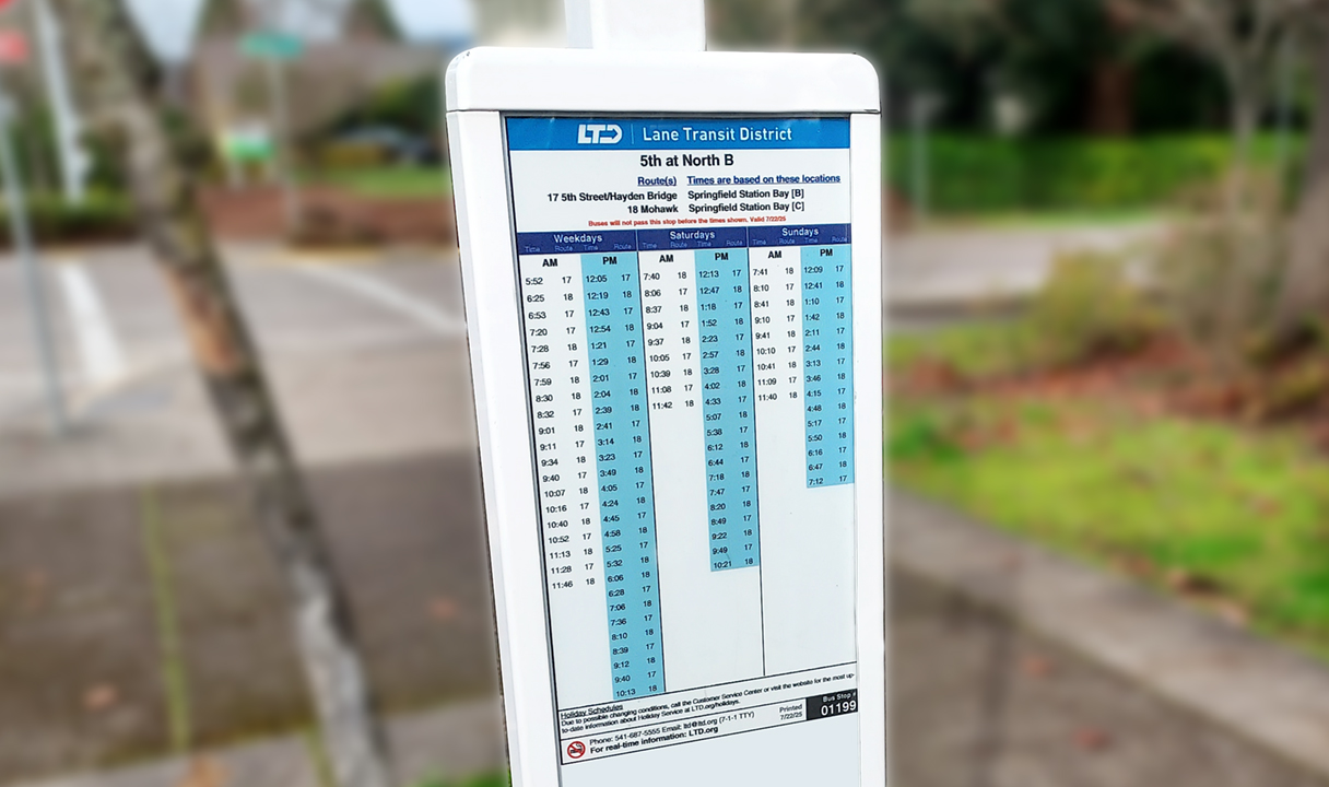 A Lane Transit District bus stop sign displays route 11 schedules for various days and destinations, with a blurred sidewalk and greenery in the background.