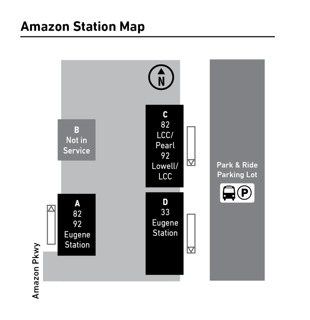 Amazon Station Map showing four bus platforms (A, B, C, D), with platform B marked "Not in Service," and nearby Park & Ride Parking Lot along Amazon Parkway.