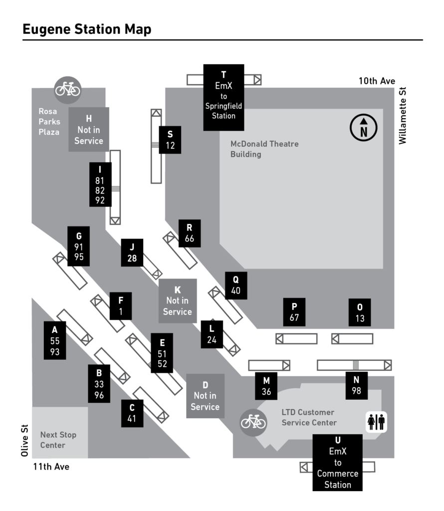 Black and white map of Eugene Station showing bus bays, service centers, McDonald Theatre Building, and streets including 10th Ave, 11th Ave, Willamette St, and Olive St.