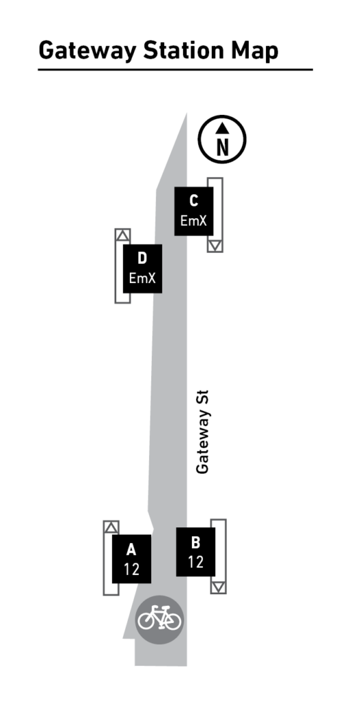 Black and white map of Gateway Station showing four platforms (A, B, C, D) for EmX and bus 12, along Gateway St, with bike symbol and a north arrow.
