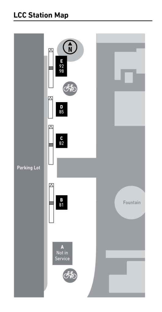 Black and white map of LCC Station showing parking lot on the left, fountain on the right, and bike racks labeled A through E, with rack A marked &ldquo;Not in Service.&rdquo;.