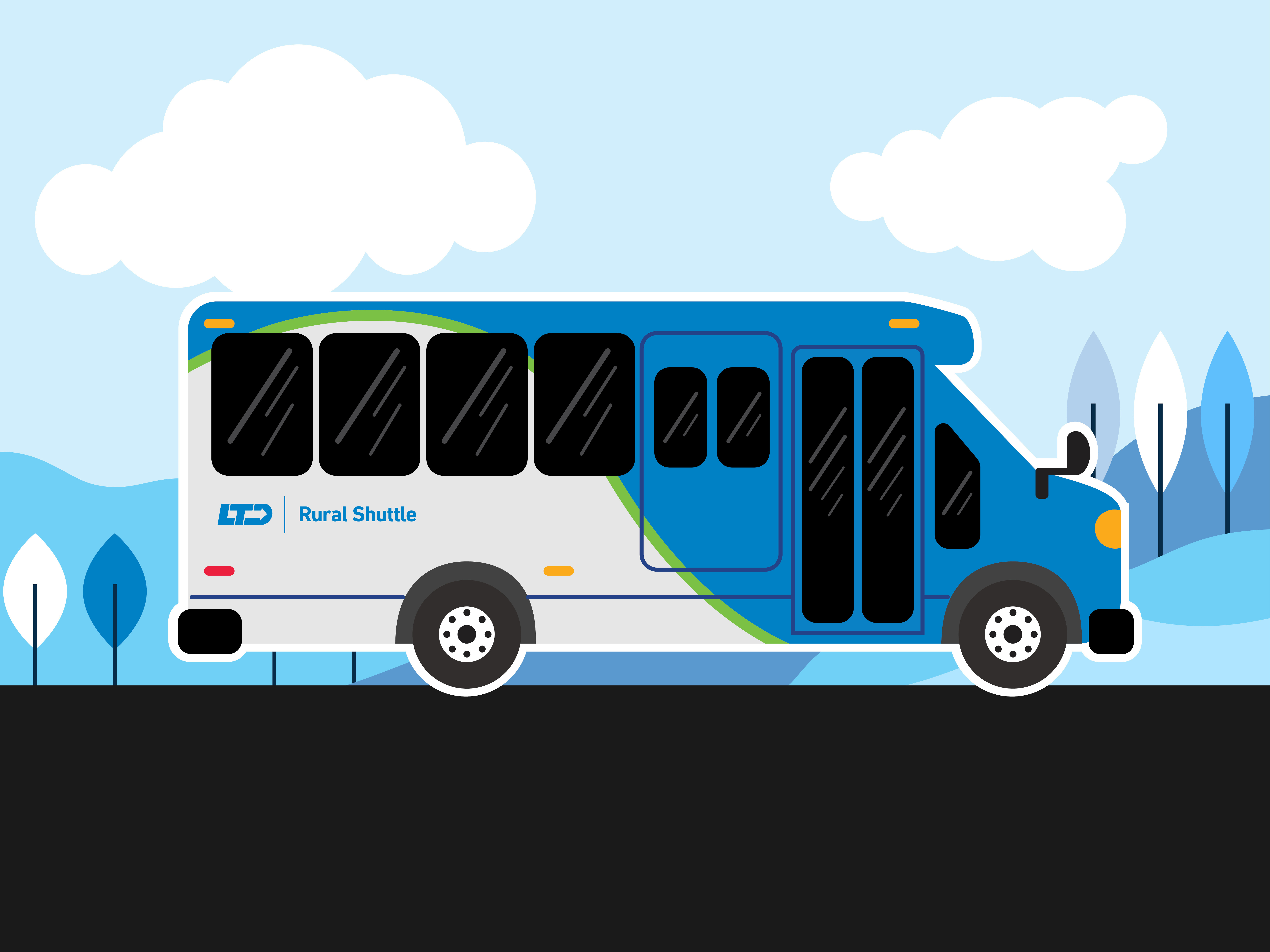 An illustrated blue and white rural shuttle bus is parked on a road with a background of trees, hills, and clouds.