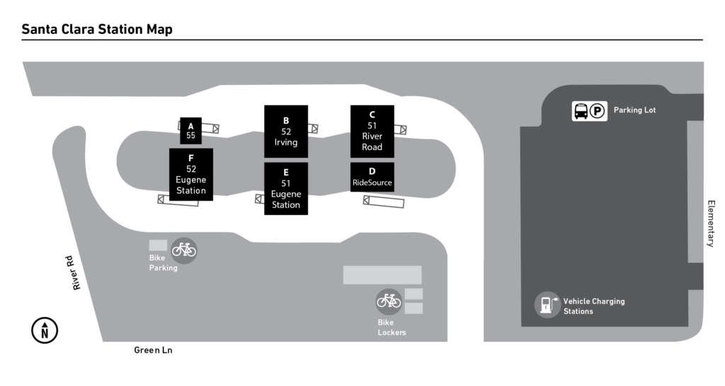 Santa Clara Station map showing six labeled buildings, bike parking, bike lockers, a parking lot, vehicle charging stations, and roads including River Rd and Green Ln.