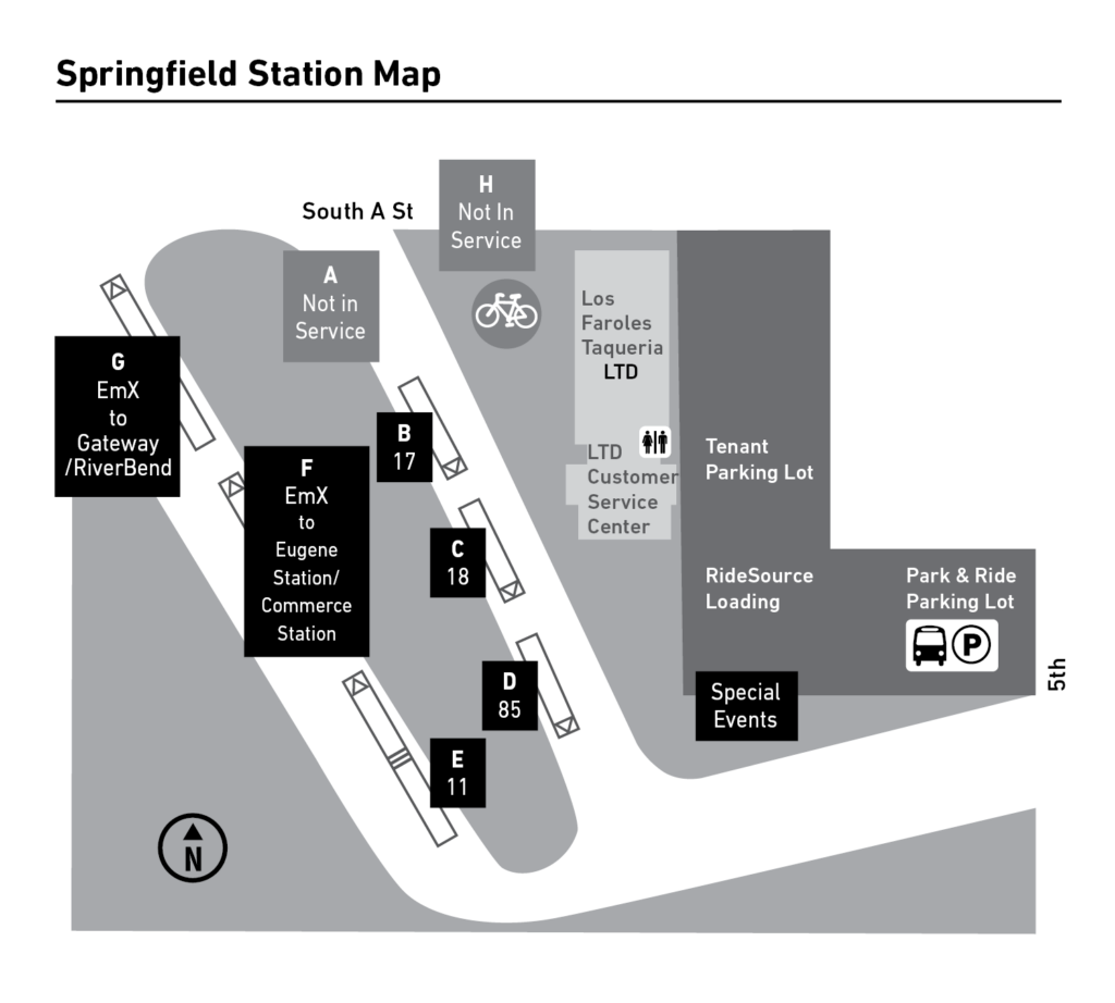 Springfield Station map showing bus platforms, parking lots, RideSource loading, special events, and surrounding streets including South A St and 5th St.