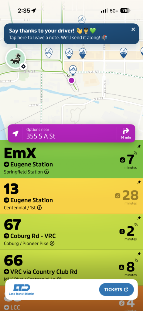 Bus route options near 355 S A St are displayed, showing arrival times for routes 13, 60, and 66, with a live map and a note to thank the driver at the top.