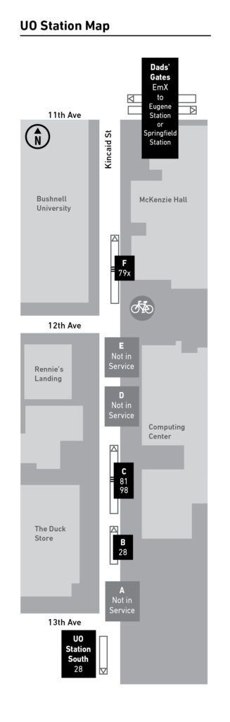 Black and white map showing the location of UO Station and EmX bus stops on 11th, 12th, and 13th Ave near Bushnell University, McKenzie Hall, Computing Center, and The Duck Store.