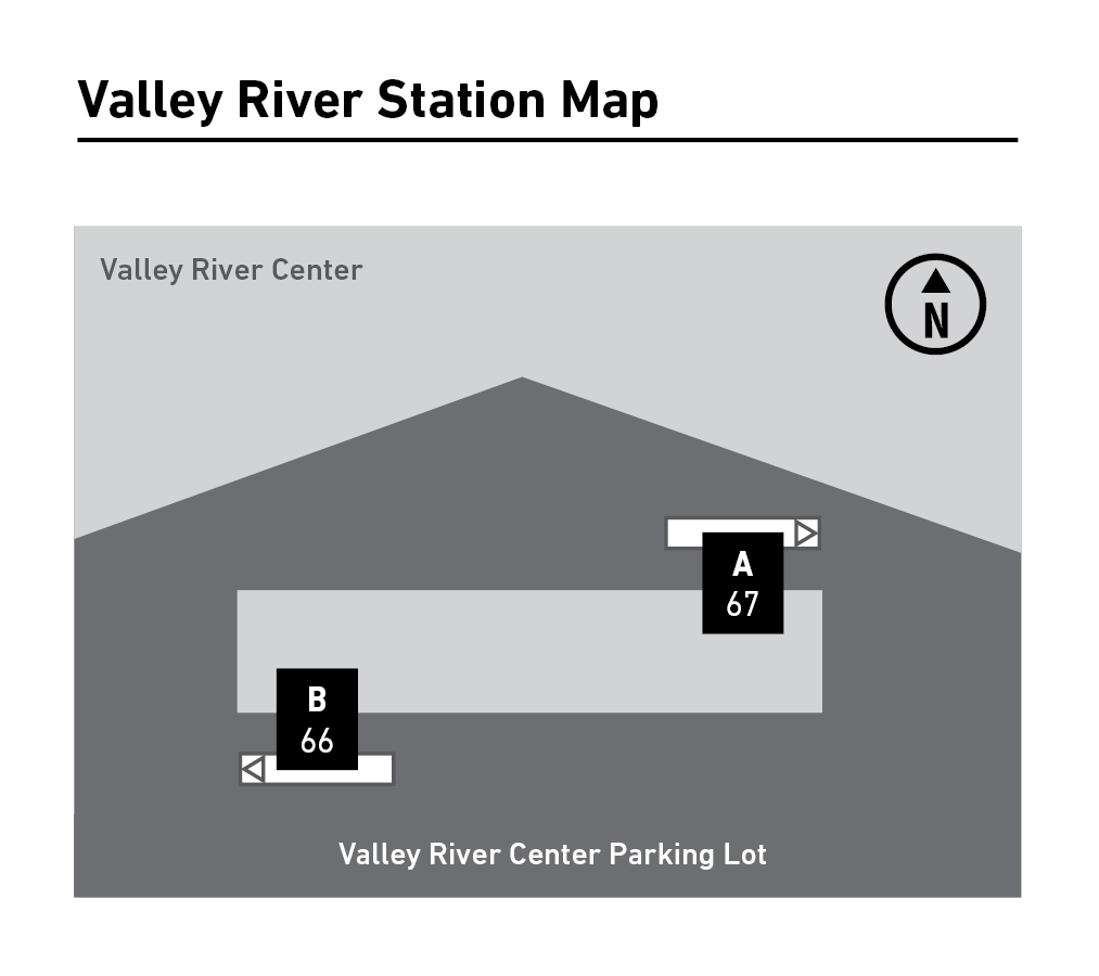 Map of Valley River Station showing two stops: A67 near Valley River Center and B66 near the parking lot, with a north arrow indicating orientation.