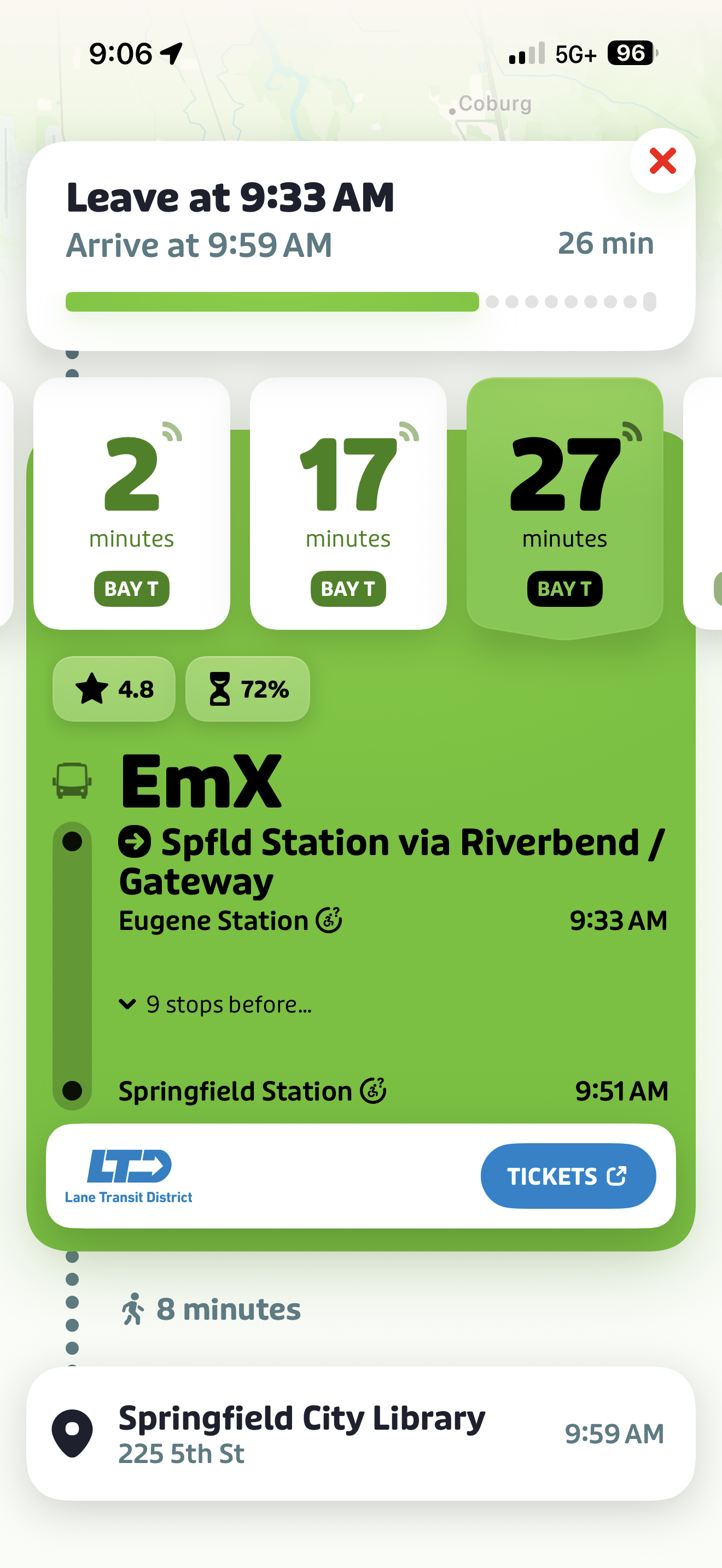 Screenshot of a transit app showing directions from Eugene Station to Springfield Station via EmX, departing at 9:33 AM and arriving at 9:59 AM, with 9 stops before arrival.