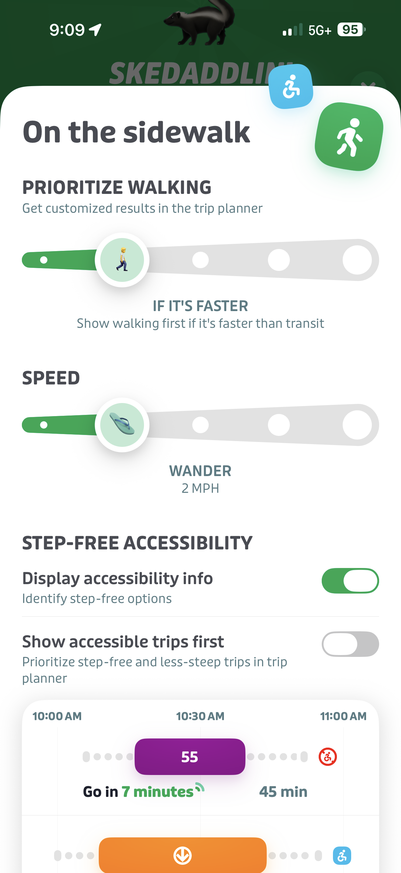 A mobile app screen displays walking trip planning options, including speed, accessibility, and step-free route filters, with a timeline and route suggestions at the bottom.
