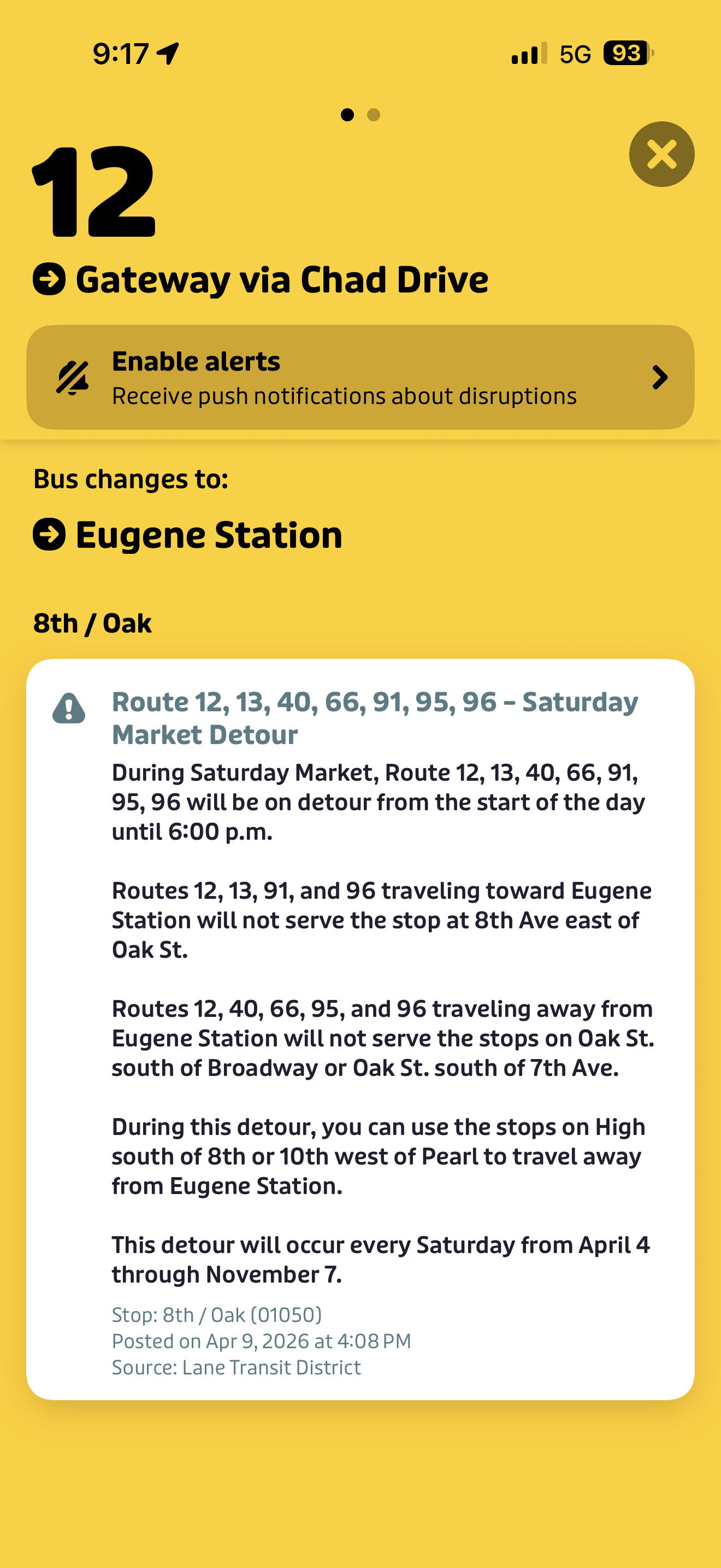 A mobile screen displays a detour notice for Eugene bus routes due to the Saturday Market, affecting routes 12, 13, 40, 66, 91, 95, and 96 with stop changes at 8th Ave east of Oak St.
