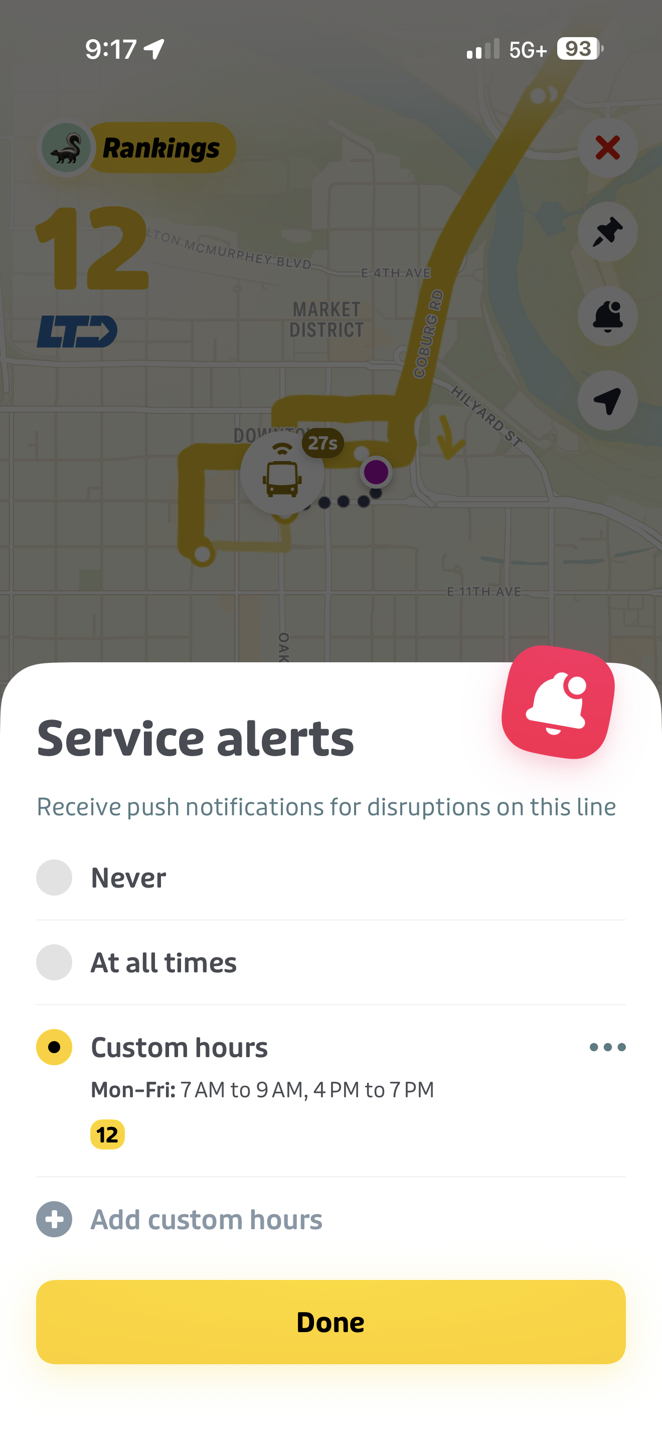 A transit app screen showing service alert notification settings for line 12, with options for custom alert hours and a map in the background.