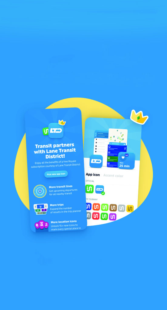 Two promotional cards for Lane Transit District display app features such as transit routes, trip planning, and icon customization on a blue and yellow background.
