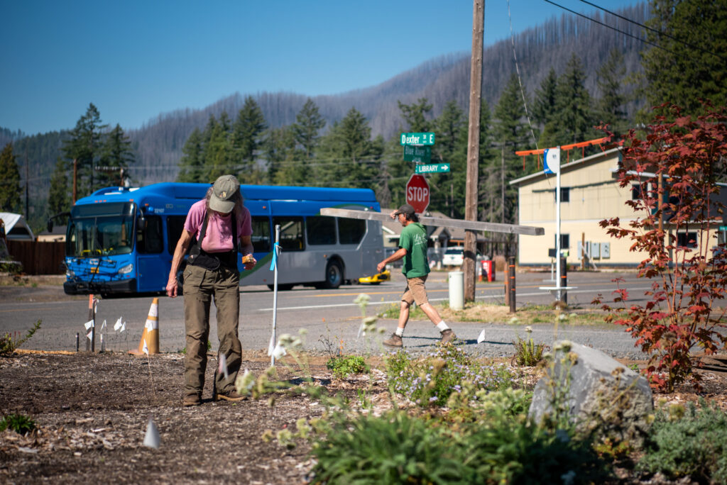 A person in outdoor gear works in a garden area near a street, while another person walks by a stop sign; a blue bus and trees are in the background.