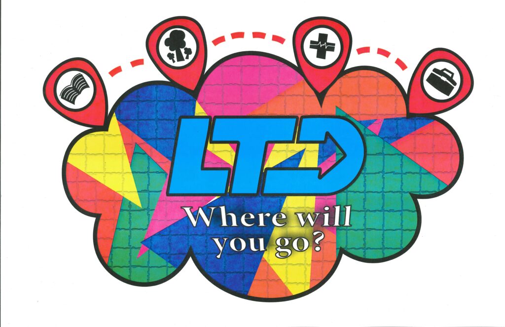 Colorful graphic with "LTD" in bold blue letters, the words "Where will you go?" below, and icons of a bus, people, hospital, and briefcase above in red markers.