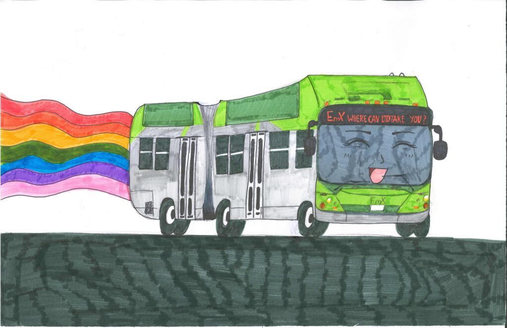 A green accordion bus with a smiling face displays "Where can I take you?" on its sign, emitting a rainbow trail from its exhaust against a white background.