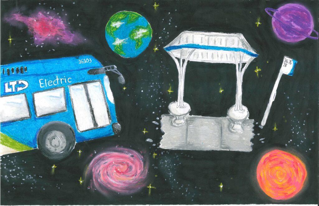 An electric city bus approaches a space-themed bus stop with planets, stars, and galaxies floating in the background.