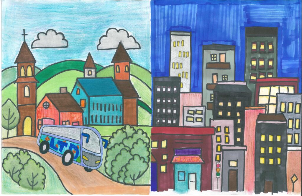 A bus drives from a rural village with hills and churches on the left to a city with tall buildings and bright lights on the right, dividing the scene into countryside and urban areas.