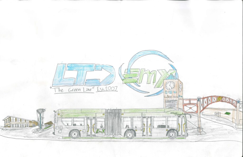 A colored pencil drawing of an articulated bus with "LTD EmX" logo, a clock tower, bridge, and buildings in the background. Text reads '"The Green Line" Est. 2007.'.