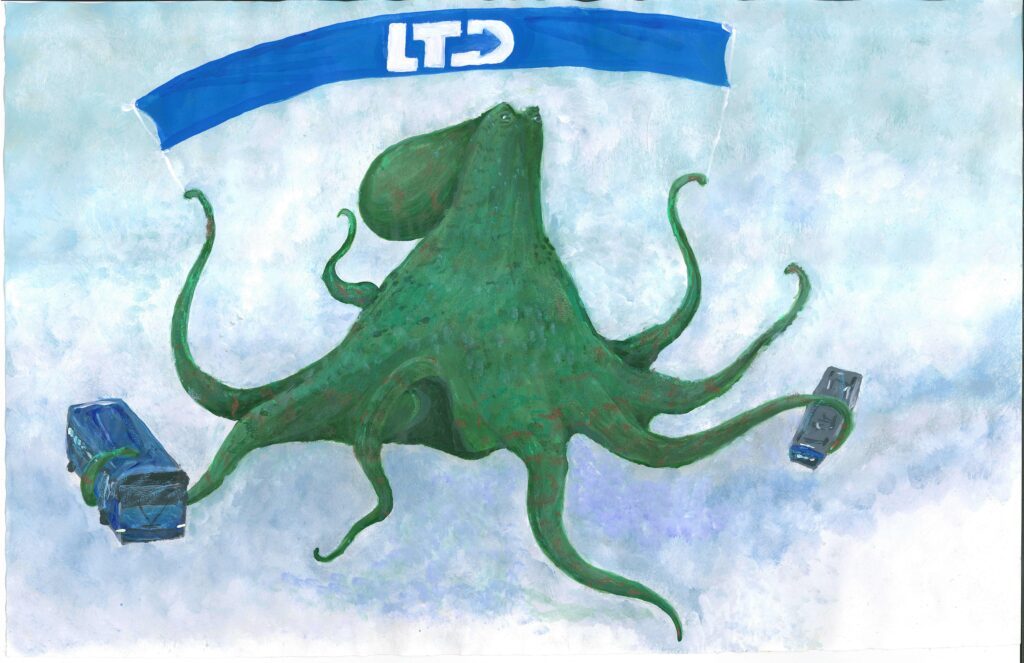 A green octopus holds a blue &ldquo;LTD&rdquo; banner with two tentacles while grasping a blue bus with one arm and a car with another, set against a light background.