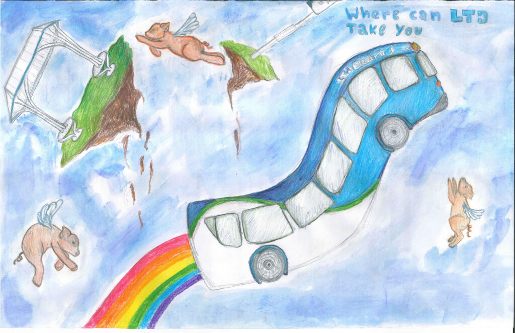A surreal scene with a blue LTD bus flying on a rainbow between broken land, surrounded by winged pigs and text reading "Where can LTD take you?.