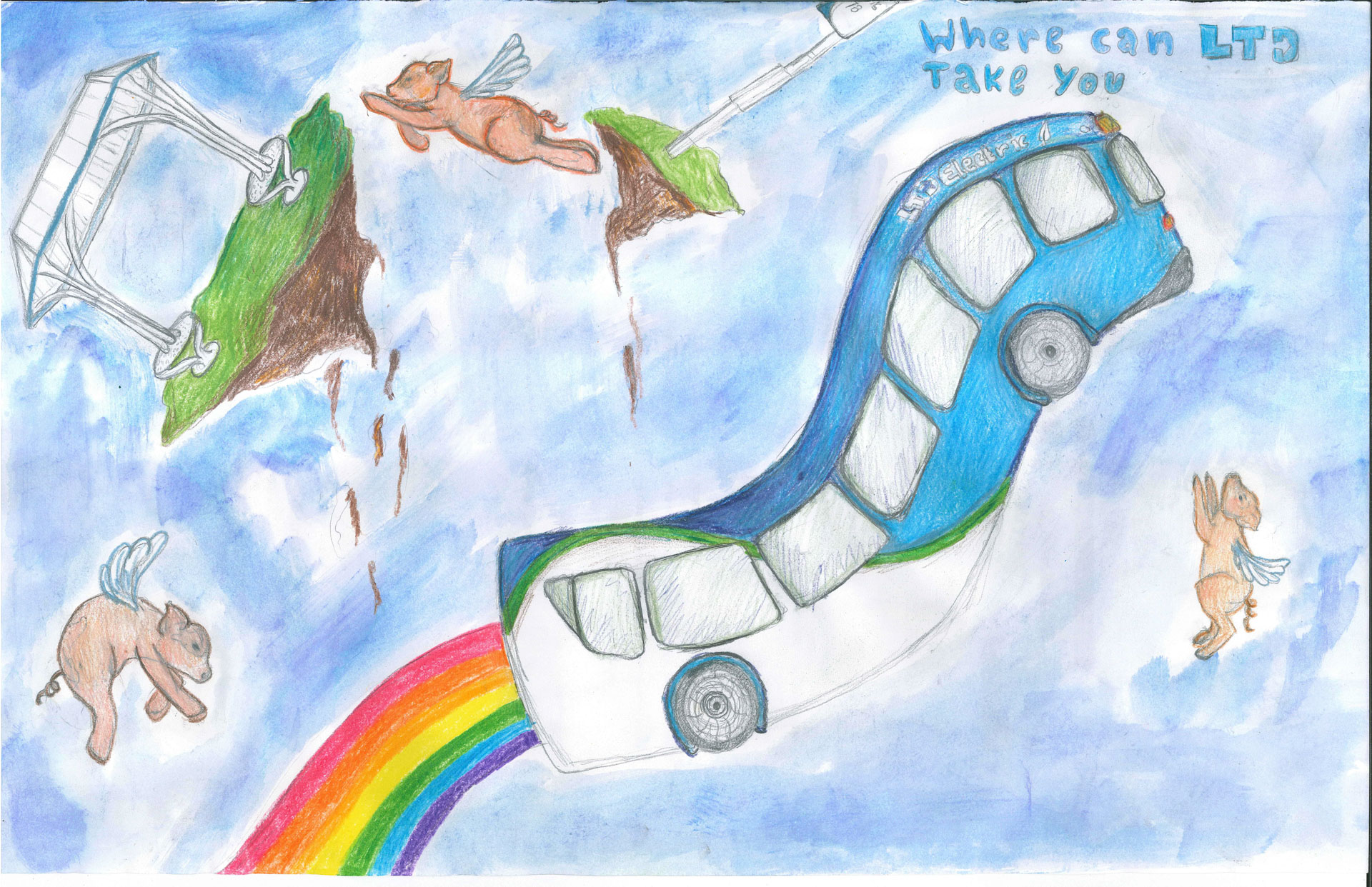 A surreal scene with a blue LTD bus flying on a rainbow between broken land, surrounded by winged pigs and text reading "Where can LTD take you?.