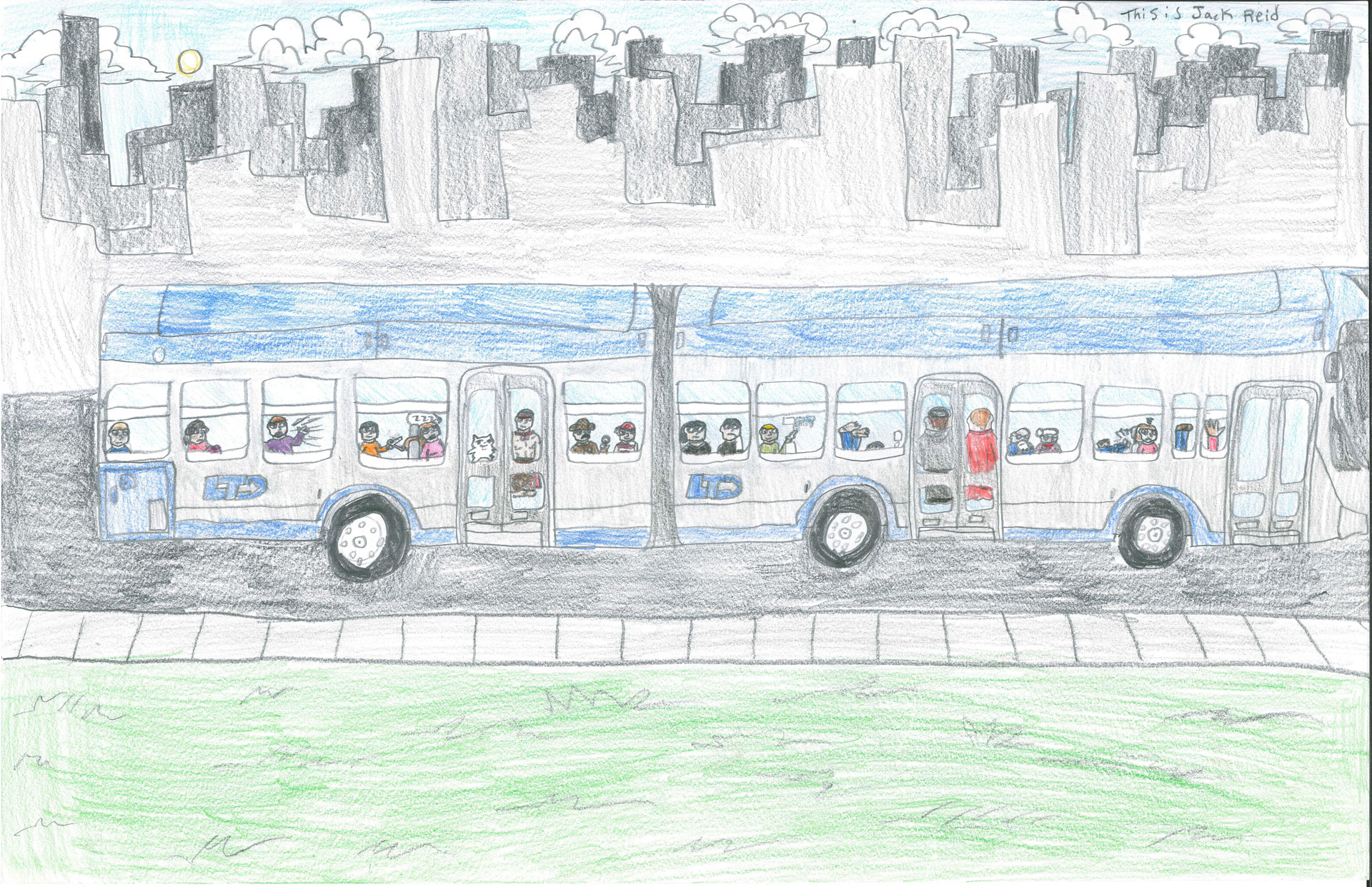 A city bus filled with passengers drives past a sidewalk and green grass, with tall gray buildings and a cloudy sky in the background.